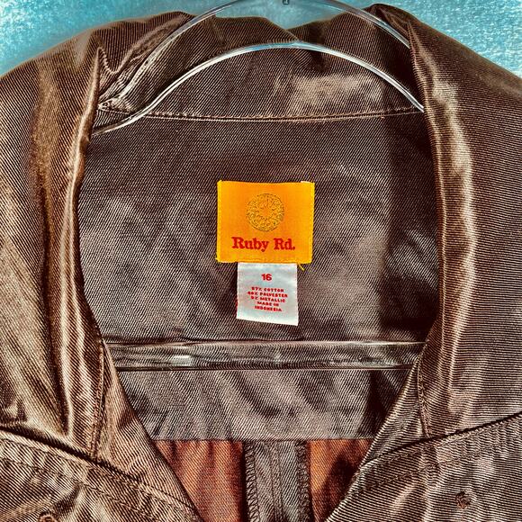 Ruby Rd. Jacket Women's 16 Metallic Brown Drawstring Waist Large Collar Pockets - Picture 6 of 10